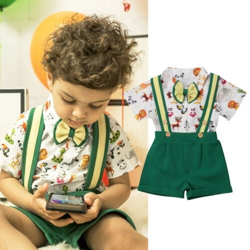 New toddler kids boys summer outfits clothes T shirt & Suspenders shorts cool 